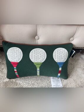 Green Needlepoint Golf Tee Accent Lumbar Pillow with White Ball Motifs NWT